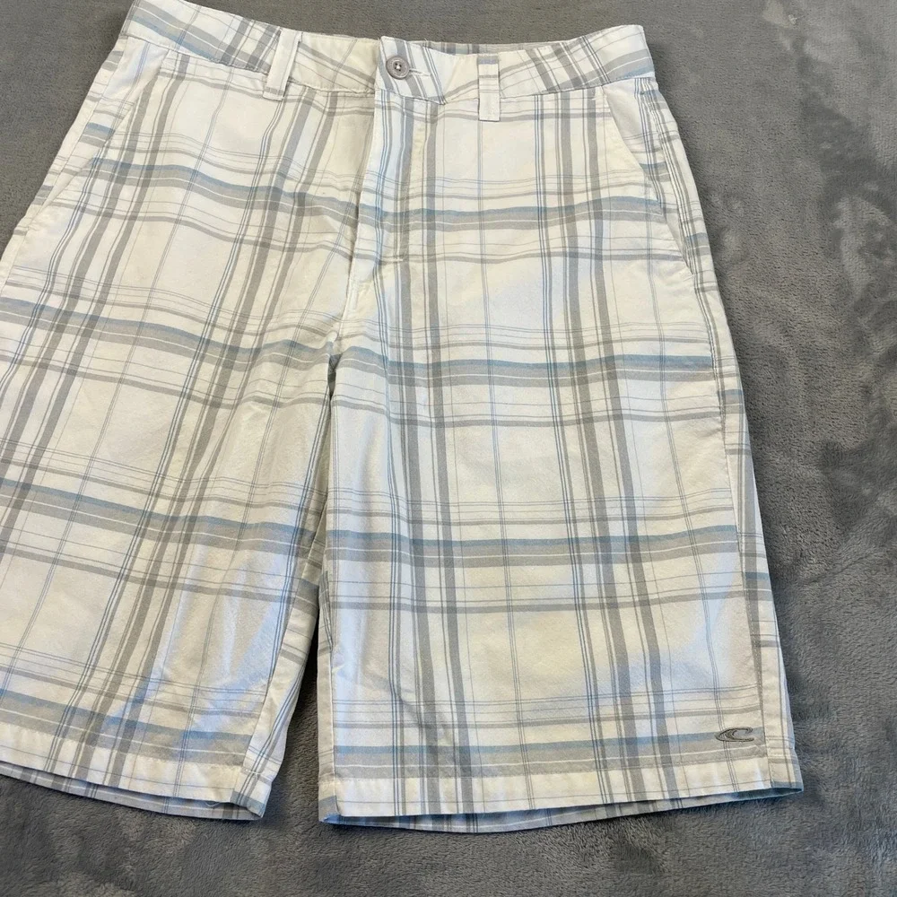 ONeill Men's Plaid Shorts Size 32 White Grey Blue First In Last Out Flat Front
